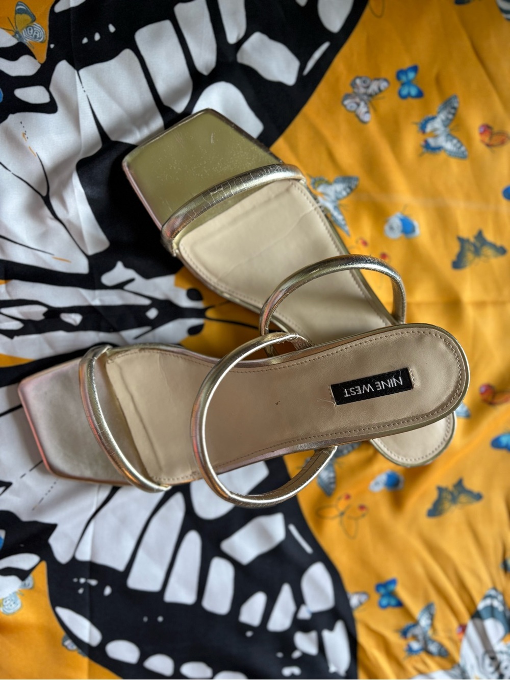 Nine West Metallic Gold Double-Strap Square-Toe Slide Sandals